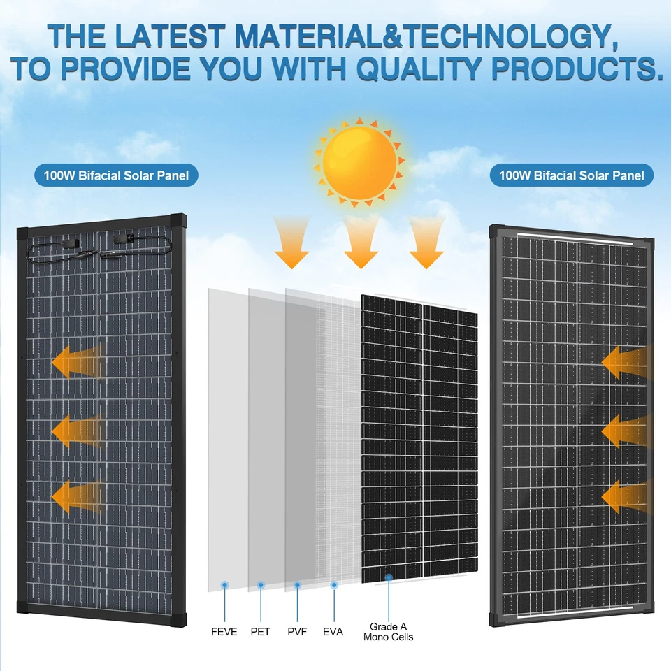 Werchtay 100W 200W 300W 400W 500-1000W Bifacial Solar Panel 12V Mono Home Power - Image 4 of 4