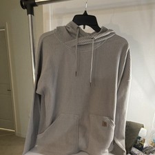 Carhartt Women s S 4-6 Pullover Hoodie Gray Waffle Knit Relaxed Fit Logo Pockets