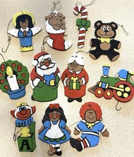 Vintage Hand Painted Wooden Christmas Ornaments Set 11 , Rustic Retro Whimsical