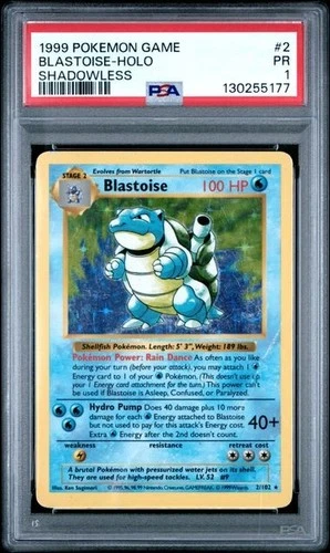 POKEMON GAME BLASTOISE 1999 SHADOWLESS #2 HOLO PSA 1