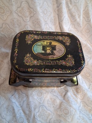 Vintage Singer Sewing Machine Tin Metal Box Thread Spool Storage Double Handles