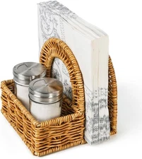 Stylish Rattan Napkin Holder with Salt and Pepper Shakers Holder - Perfect Ta...