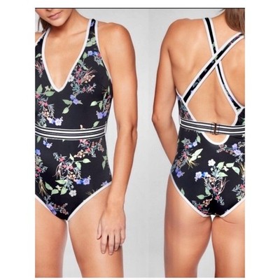 Athleta Black Floral One-Piece Swimsuit large bottom/36B/C top