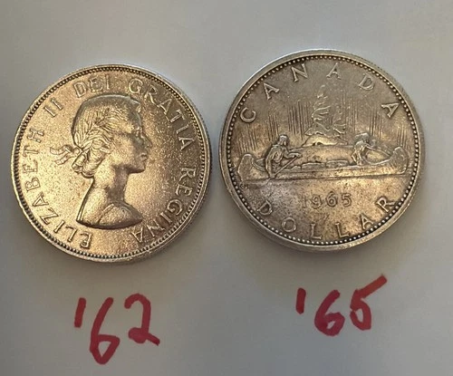 🇨🇦 1965 & 62 Canada Silver Dollars 80% Silver Voyageur Elizabeth II 1.2toz 🍁