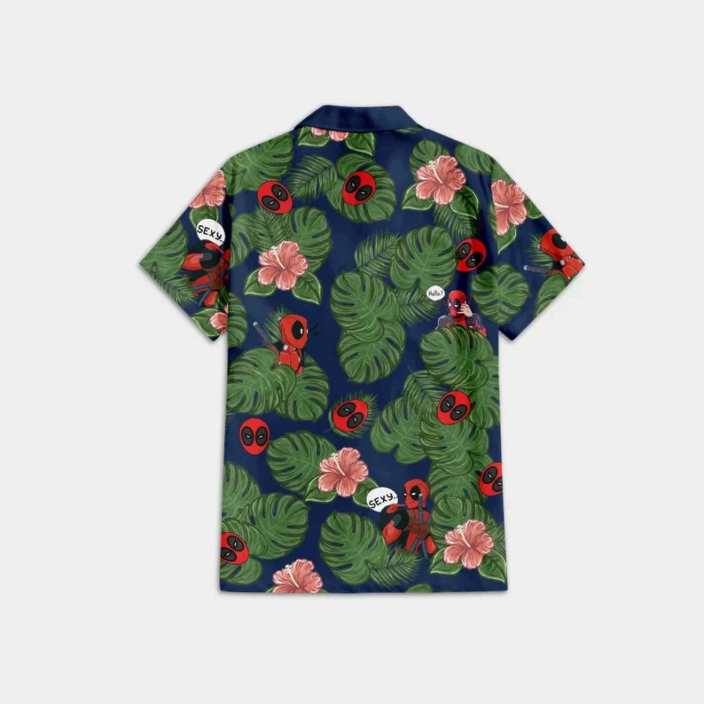 Disney Marvel Deadpool Superhero Tropical Leaves Black Hawaiian Shirt