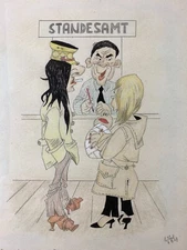 Original Drawing Caricature Coloured Signed M. Koch Dated 1967 at registry office