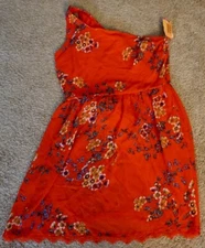XHILARATION WOMEN'S ONE SHOULDER FIT FLORAL DRESS ORANGE LARGE NEW WITH TAGS!!!