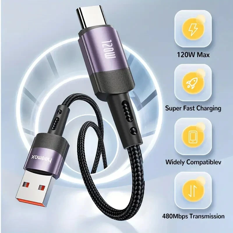 Fast Charger and Data Transfer Braided USB Lead Cable Type A to C 120W 7A - 2M - Image 4 of 4