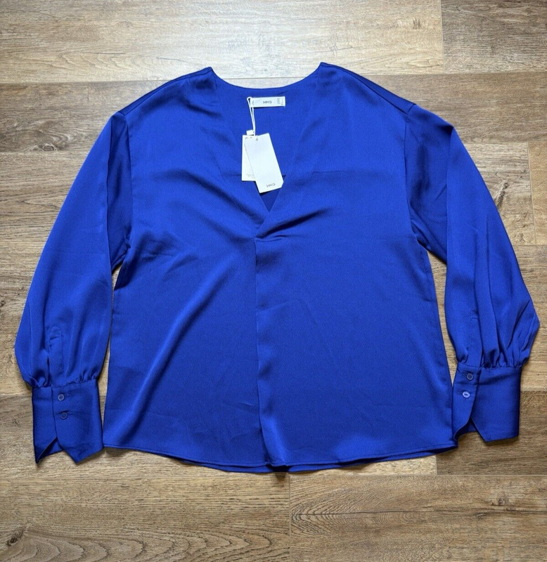 Mango Olivia V Split Neck Blouse Blue 8 Large L NWT New