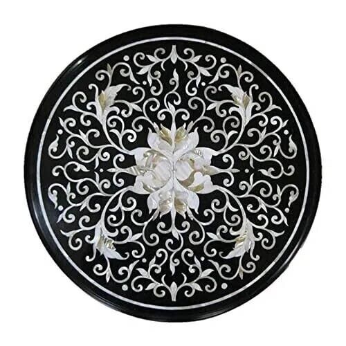 12" Round Black Marble Table Top Mother of Pearl Stone Luxury Furniture Decors - Picture 5 of 8