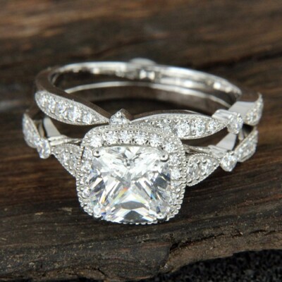 Antique Vintage 2.23Ct Cushion Cut Halo CZ Engagement Ring Set 925