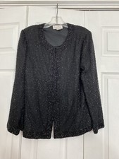 Laurence Kazar Size XL Black Beaded Evening Cocktail Party Jacket 100 Silk