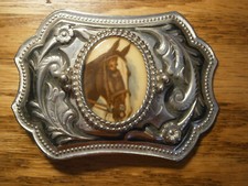 Vintage Men's Enamel 3D Horse Head Portrait Western Belt Buckle Silvertone