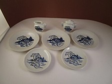 Vintage Miniature Made in Japan Child's Partial Tea Set Plates Blue House Trees