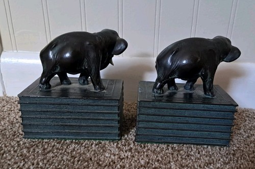 Antique Ronson Art Bronze Metal Spelter Elephant On Books Bookends Pair T - Picture 6 of 9