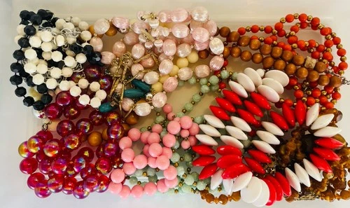 Vintage Costume Jewelry Lot - Mid-Century Mod Bead Necklaces, Lucite & Wood Boho
