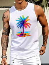 Men Stretchy Crew Neck Vest Sleeveless Beach Tank Top Machine Washable Tops