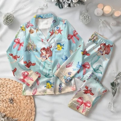 The Little Mermaid Princess Ariel Vs Flounder Coquette Bow Satin Pajamas Set
