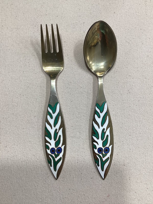 Vintage Sterling Silver Zieler CHRISTMAS Enamel Spoon & Fork 1970 W/gold Plate.