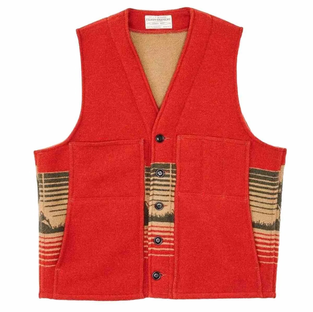 Filson Jacquard Wool Vest Made in USA Red Khaki Forest Moose