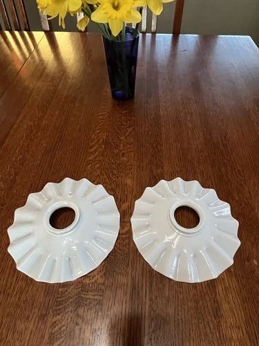 Matched Pair of ANTIQUE MILK GLASS RUFFLED Petticoat Chimney GLASS SHADES 7"