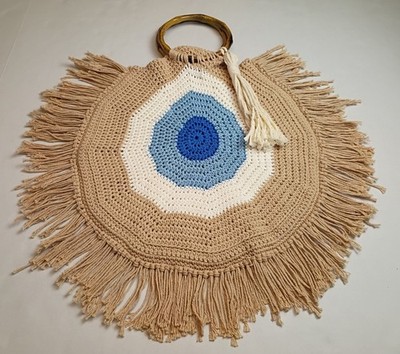 Handcrafted crochet ''Evil Eye'' Large Tote Bag Bamboo Handle Boho Fringe Tassel 