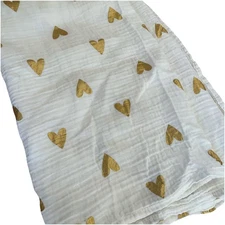 Cloud Island Baby Girl's White Muslin Swaddling Blanket Gold Hearts 100% Cotton
