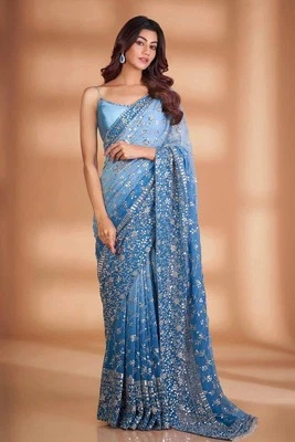 BRIDAL GALLERY Designer Georgette Saree Aufdruck Pailletten Polsterung 7MM Zari Works Mit Bluse