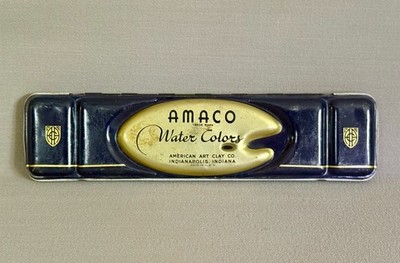 Vintage Amaco Tin Watercolor Set - Mid-Century - All Metal- w/ Original Brushes
