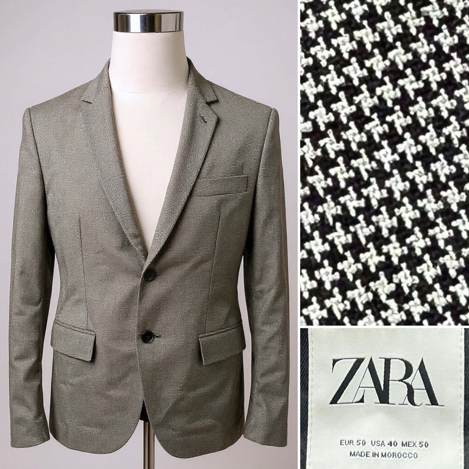 Zara Men's 40 Black White Micro Houndstooth Slim Fit 2-Button Blazer Jacket