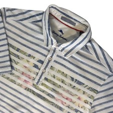 Tommy Bahama Mens MEDIUM Polo Shirt Blue Stripe Floral Short Sleeve Pima Cotton