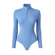 Abercrombie - Ribbed Half Zip Bodysuit Light Blue Mock Neck Long Sleeve Sz L