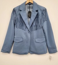 Free People X Blanknyc Show Stopper Blue Fringed Blazer Size S Rrp £88