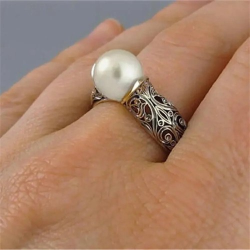Modischer Ring mit weißen Perlenimitat Vintage goldfarben hohl Blumenmuster - Bild 6 von 15