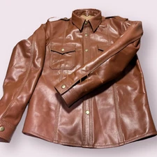 Men's New Brown Real Leather Shirt Soft Lambskin Motorcycle Motorbike Shirt LGBT