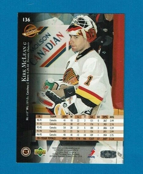 1995-96 Upper Deck ELECTRIC ICE parallel # 136 Kirk McLean Vancouver Canucks - Image 3 of 3