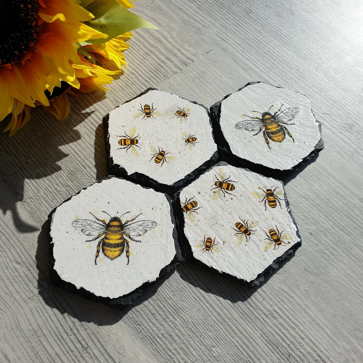 Hexagonal Set Of 4 Slate bee Coasters eBay