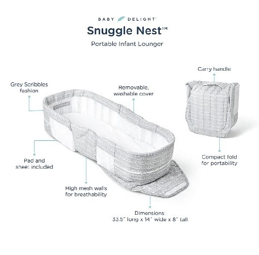 Baby Delight Snuggle Nest Portable Infant Lounger Gray Scribbles