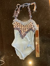Light Blue Dance Costume Leotard Extra Small Child Sequin Halter Top Strap Lace