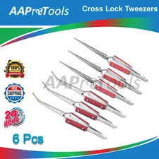 AA PRO: 6 CROSS LOCK FIBER GRIP TWEEZERS SELF CLOSING 6-1/2" BENT & STRAIGHT TIP