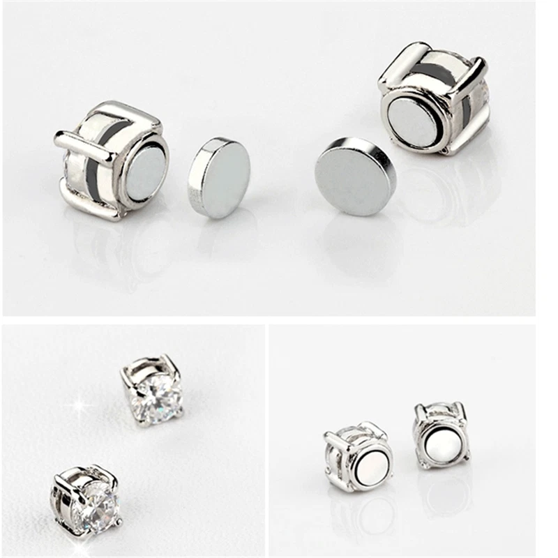Magnetic Cubic Zirconia Stainless Steel Stud Earrings Mens Womens Non-Piercing - Image 4 of 4
