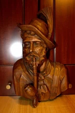ANTIQUE 12" HAND CARVED WOOD SMOKING MAN BEARD WALL BUST STATUE FIGURE SCULPTURE