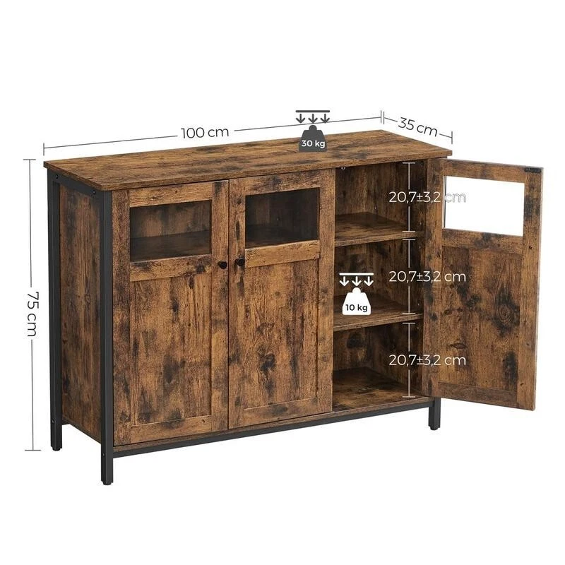 Rustic Sideboard Storage Cabinet with Glass Doors Industrial Buffet Unit - Image 4 of 4