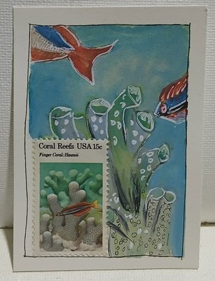 Postal Whimsy Coral Reefs ACEO 15¢ Series, Impressionist Scribble Background
