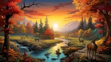 Autumn Forest Deer Sunset Landscape Canvas Prints Painting Home Decor Wall Art