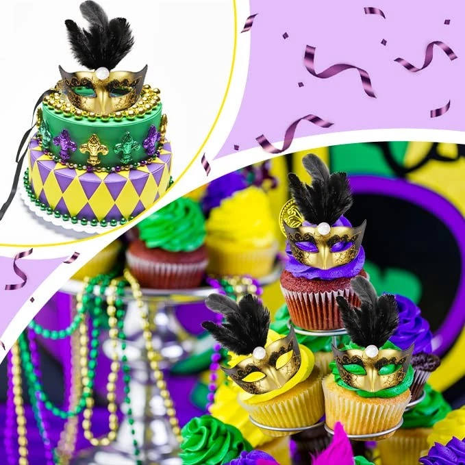 12PCS Mini Masks, Mardi Gras, Masquerade Party Decoration, Table, Cupcake, Black Foto 4 de 4