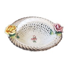 VTG Capodimonte Italian Porcelain Woven Basket Hand Painted Roses Italy Marked