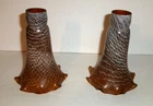 2 Vtg ART GLASS AMBER LILY TULIPS WEB SWIRL RUFFLED LAMP SHADES - 1.5" Fitters