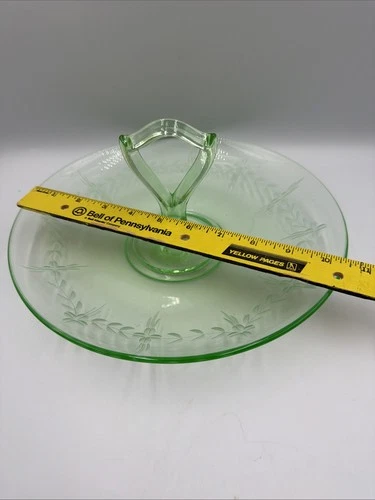 Vintage Depression Uranium Green Glass Dessert Serving Plate w/Handle