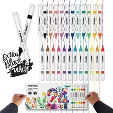 24 Colors Dual Tip Acrylic Paint Pens Set Extra White Black 0.7mm Fine Brush Tip